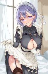 Rule 34 | 1girl, absurdres, apron, arm between breasts, azur lane, bellona (armed to clean) (azur lane), bellona (azur lane), between breasts, blue eyes, blue hair, breasts, chest belt, cleavage, clothes lift, clothing cutout, gloves, highres, holding apron, iwato (celler), juliet sleeves, lifting own clothes, long sleeves, looking at viewer, maid, maid apron, maid headdress, official alternate costume, puffy sleeves, short hair, skirt, skirt lift, smile, underboob, underboob cutout, white apron, white gloves