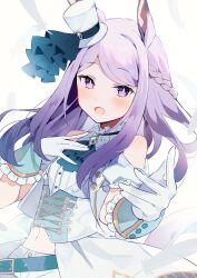 Rule 34 | 1girl, :d, absurdres, animal ears, ascot, blue ascot, blush, gloves, hat, highres, horse ears, horse girl, long hair, looking at viewer, mejiro mcqueen (end of sky) (umamusume), mejiro mcqueen (umamusume), midriff, mini hat, mini top hat, navel, official alternate costume, open mouth, purple eyes, purple hair, short sleeves, smile, solo, top hat, umamusume, upper body, usukawa (uskw sr), white gloves, white hat