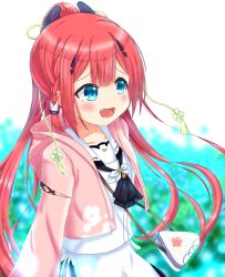 Rule 34 | 1girl, blue eyes, blurry, blurry background, blush, breasts, casual, collarbone, commentary request, flower, hair between eyes, hair ornament, kamiyama shiki, kikazesumomo, long hair, ponytail, red hair, small breasts, solo, summer pockets, wallet chain, white background