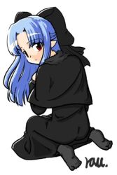 Rule 34 | 00s, 1girl, blue hair, half updo, len (tsukihime), lowres, melty blood, pointy ears, red eyes, solo, tsukihime, type-moon