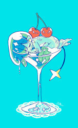 Rule 34 | 1girl, absurdres, blue background, cherry, closed eyes, cup, drinking glass, female focus, food, fruit, highres, kanekoshake, monster girl, nude, original, signature, simple background, sleeping, slime girl, solo, tail, wine glass