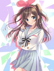 Rule 34 | 1girl, arm behind back, artist name, bad id, bad pixiv id, black ribbon, blouse, blue eyes, blush, breasts, brown hair, buttons, closed mouth, collarbone, commentary request, cowboy shot, grey sailor collar, grey skirt, hairband, hand up, head tilt, kizuna ai, kizuna ai inc., long hair, long sleeves, looking at viewer, miniskirt, multicolored hair, neck ribbon, pink hair, pleated skirt, ribbon, sailor collar, school uniform, shirt, sidelocks, silhouette, skirt, sleeves past wrists, small breasts, smile, solo, streaked hair, striped ribbon, swept bangs, tareme, two side up, virtual youtuber, white shirt, yuuki (yukinko-02727)