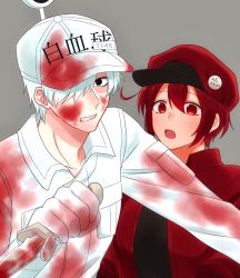 Rule 34 | 10s, 1boy, 1girl, ae-3803, ahoge, baseball cap, beret, black eyes, blood, blood on face, blood on clothes, clenched teeth, collared shirt, grey background, hamu (15532231), hat, hataraku saibou, highres, jacket, knife, name tag, no pupils, open mouth, protecting, red blood cell (hataraku saibou), red eyes, red hair, red jacket, shirt, short hair, simple background, sweat, teeth, u-1146, upper body, white blood cell (hataraku saibou), white hair