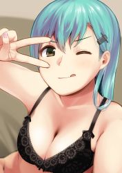 Rule 34 | 10s, 1girl, alternate costume, aqua hair, bare arms, bare shoulders, black bra, bra, breasts, brown eyes, cleavage, commentary request, eyebrows, hair ornament, hairclip, kantai collection, large breasts, long hair, looking at viewer, one eye closed, shiden (sashimi no wife), solo, suzuya (kancolle), tongue, tongue out, underwear, v