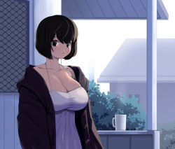Rule 34 | 1girl, bad id, bad pixiv id, black coat, black eyes, black hair, breasts, building, bush, cleavage, closed mouth, coat, coffee mug, collarbone, copyright request, cup, day, dress, duffel coat, expressionless, highres, large breasts, long sleeves, looking at viewer, mole, mole on breast, mug, open clothes, open coat, outdoors, secretbusiness, solo, upper body, white dress