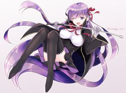 Rule 34 | 10s, 1girl, ;d, bb (fate), bb (fate/extra), black thighhighs, breasts, cape, fate/extra, fate/extra ccc, fate (series), floating hair, full body, gloves, grey background, grey gloves, hair ribbon, iwanaga tm, large breasts, long hair, looking at viewer, one eye closed, open mouth, purple eyes, purple hair, red ribbon, ribbon, signature, simple background, smile, solo, thighhighs, very long hair