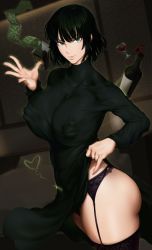 Rule 34 | 1girl, alcohol, black hair, breasts, cleavage, clothes lift, condom, condom box, covered collarbone, covered erect nipples, cup, dress, dress lift, drinking glass, female pubic hair, fubuki (one-punch man), garter belt, garter straps, green dress, green eyes, green hair, high collar, kunaboto, lace, lace-trimmed legwear, lace trim, lifted by self, nail polish, no bra, no panties, one-punch man, pinky out, pubic hair, purple thighhighs, sabotaged condom, short hair, solo, tagme, telekinesis, thighhighs, thighs, wine, wine glass