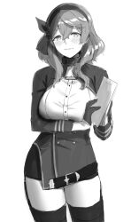 Rule 34 | 1girl, ako (blue archive), bell, belt, blue archive, blush, breasts, clipboard, cowboy shot, deras, garter straps, gloves, greyscale, hairband, half gloves, highres, holding, holding clipboard, large breasts, light smile, long sleeves, looking at viewer, monochrome, neck bell, pencil skirt, simple background, skirt, solo, thighhighs, white background