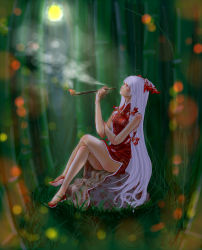 Rule 34 | 1girl, bad id, bad pixiv id, bamboo, bamboo forest, bare legs, blurry, bokeh, chinese clothes, depth of field, dress, female focus, forest, fujiwara no mokou, full moon, grass, crossed legs, long hair, moon, nature, night, smoking pipe, red dress, red footwear, red skirt, shoes, short dress, side slit, sijima, sijimaism, sitting, skirt, smoke, smoking, solo, touhou, very long hair