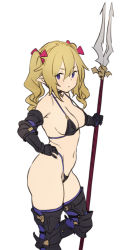 Rule 34 | 1girl, armor, bikini, bikini armor, black bikini, black choker, black gloves, blonde hair, bow, breasts, choker, closed mouth, elbow gloves, elf, from side, gauntlets, gloves, greaves, hair bow, hand on own hip, highleg, highleg bikini, holding, holding polearm, holding spear, holding weapon, houtengeki, looking at viewer, looking to the side, medium breasts, navel, original, pointy ears, polearm, purple eyes, red bow, smile, solo, spear, standing, standing on one leg, swimsuit, thighhighs, twintails, weapon, white background