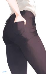 Rule 34 | 1girl, ass, black pants, fingernails, from behind, hand in pocket, head out of frame, highres, original, pants, ryusei hashida, shirt, signature, simple background, solo, striped clothes, striped pants, white background, white shirt