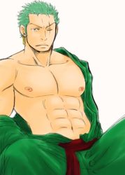 Rule 34 | 1boy, abs, bara, earrings, green hair, male focus, muscular, nipples, one-eyed, one piece, open clothes, open shirt, pectorals, robe, roronoa zoro, sash, scar, shirt, simple background, sitting, solo, undressing, white background