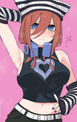 Rule 34 | 1girl, armpits, arms behind head, arms up, blue eyes, blush, breasts, brown hair, closed mouth, detached sleeves, go-toubun no hanayome, hair between eyes, headphones, headphones around neck, heart, heart print, highres, irarei (araisanblog), large breasts, long hair, looking at viewer, nakano miku, navel, presenting armpit, sleeveless, sleeveless turtleneck, solo, striped clothes, striped headwear, striped sleeves, turtleneck