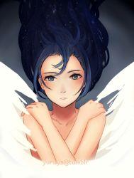 Rule 34 | 1girl, artist request, blue eyes, blue hair, blush, collarbone, covering breasts, covering privates, facing viewer, female focus, fire emblem, fire emblem awakening, floating hair, intelligent systems, long hair, looking at viewer, lucina (fire emblem), matching hair/eyes, neck, nintendo, nude, parted lips, topless, topless frame, unworn headwear, upper body, wings