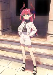 Rule 34 | 1girl, barefoot sandals (jewelry), black footwear, black sweater, blue eyes, blush, curled horns, dragon horns, earrings, elizabeth bathory (fate), fate/extra, fate/extra ccc, fate (series), full body, high-waist skirt, high heels, highres, horns, jacket, jewelry, kerorira, long hair, open clothes, open jacket, outdoors, pencil skirt, petite, pink hair, pointy ears, skirt, solo, stairs, sweater, turtleneck, turtleneck sweater, two side up, white jacket, white skirt