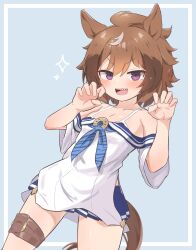 Rule 34 | 1girl, absurdres, animal ears, bare shoulders, blue neckerchief, blue skirt, blush, breasts, brown hair, claw pose, commentary, cosplay, cowboy shot, hands up, highres, hishi amazon (umamusume), hishi amazon (umamusume) (cosplay), horse ears, horse girl, looking at viewer, miniskirt, neckerchief, off-shoulder shirt, off shoulder, open mouth, pleated skirt, purple eyes, rotasu (rotasqqfv), sharp teeth, shinko windy (umamusume), shirt, short hair, short sleeves, skirt, small breasts, smile, solo, teeth, thigh strap, umamusume, white shirt