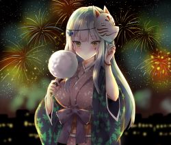 Rule 34 | 1girl, aerial fireworks, arm up, bad id, bad pixiv id, blurry, blurry background, blush, breasts, brown kimono, building, closed mouth, commentary, cotton candy, depth of field, facial mark, fingernails, fireworks, food, fox mask, girls&#039; frontline, green eyes, hk416 (girls&#039; frontline), holding, holding food, japanese clothes, kimono, long hair, long sleeves, looking at viewer, mask, mask on head, medium breasts, melings (aot2846), night, night sky, obi, outdoors, revision, sash, scenery, silver hair, sky, solo, very long hair, wide sleeves