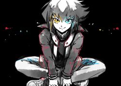Rule 34 | 1boy, black background, blue eyes, commentary request, crossed legs, hands on lap, heterochromia, high collar, highres, jacket, leaning forward, long sleeves, looking at viewer, male focus, on ground, open clothes, open jacket, pants, partially colored, shirt, shoes, short hair, simple background, sitting, smile, solo, yellow eyes, youko-shima, yu-gi-oh!, yu-gi-oh! gx, yuki judai