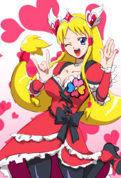 Rule 34 | 00s, 1girl, blonde hair, bobobo-bo bo-bobo, breasts, cosplay, cure passion, cure passion (cosplay), don (748826), dress, fresh precure!, high heels, one eye closed, precure, shoes, wink