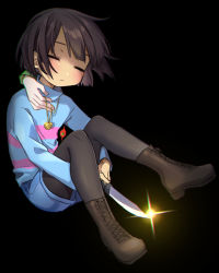 Rule 34 | 2others, black background, black legwear, blue shirt, blunt bangs, blush, bob cut, boots, brown footwear, brown hair, chara (undertale), closed eyes, closed mouth, colored sclera, denim, denim shorts, disembodied limb, frisk (undertale), gold necklace, green eyes, green shirt, heart, heart necklace, highres, holding, holding jewelry, holding knife, holding necklace, jewelry, knife, leftporygon, long sleeves, multicolored shirt, multiple others, necklace, pantyhose, pink shirt, red sclera, shirt, short hair, shorts, simple background, sitting, turtleneck, undertale