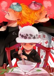 Rule 34 | 3boys, aged down, artist request, book, bottle, brothers, doctor, donquixote doflamingo, donquixote rocinante, fever, hat, heart, heart print, long sleeves, male focus, medicine, mortar (bowl), multiple boys, one piece, pestle, pharmacy, siblings, sick, source request, thermometer, trafalgar law