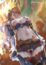 Rule 34 | 10s, 1girl, armor, beatrix (granblue fantasy), belt, blush, bodypaint, breasts, brown eyes, brown hair, embarrassed, exhibitionism, female pubic hair, granblue fantasy, hair ornament, highres, k.ty (amejin), large breasts, long hair, navel, nipples, nude, painted clothes, pubic hair, public indecency, public nudity, ringed eyes, smile, solo focus, string of flags, sweat, tears, thighhighs, wavy mouth