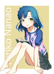 Rule 34 | 10s, 1girl, barefoot, blue hair, blush, book, idolmaster, idolmaster million live!, looking at viewer, mimizubare, nanao yuriko, short hair, sitting, skirt, smile, solo, yellow eyes