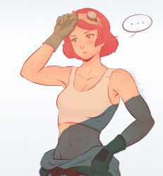 Rule 34 | ..., 10s, 1girl, abs, arm up, artist name, bare shoulders, breasts, cleavage, closed mouth, clothes around waist, collarbone, cowboy shot, crop top, expressionless, gloves, goggles, goggles on head, green eyes, green gloves, groin, hand on forehead, koutetsujou no kabaneri, koyorin, lips, looking afar, looking at viewer, medium breasts, midriff, navel, parted bangs, pink hair, shade, shirt, short hair, simple background, sleeveless, solo, speech bubble, spoken ellipsis, standing, stomach, sweat, sweatdrop, tank top, toned, tumblr username, watermark, web address, white background, white shirt, yukina (kabaneri)