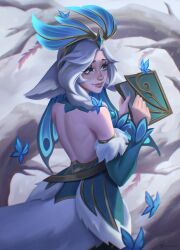 Rule 34 | 1girl, absurdres, animal, bare back, bare shoulders, blush, book, bug, butterfly, centaur, dani (dalianae), detached sleeves, from behind, fur-trimmed sleeves, fur trim, green eyes, green sleeves, grey hair, highres, holding, holding book, insect, league of legends, lillia (league of legends), long hair, outdoors, smile, solo, standing, taur, tree