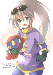 Rule 34 | 1girl, :d, blush, brown hair, dated, eyewear on head, gloves, green eyes, long hair, looking at viewer, midriff peek, navel, open mouth, pantyhose, ponytail, precis neumann, robot, simple background, skirt, smile, solo, star ocean, star ocean the second story, white background, zinan