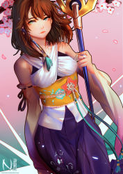 Rule 34 | 00s, 1girl, brown hair, detached sleeves, final fantasy, final fantasy x, heterochromia, japanese clothes, md5 mismatch, nesallienna, resized, resolution mismatch, short hair, solo, source smaller, staff, upscaled, wide sleeves, yuna, yuna (ff10)