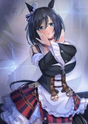 Rule 34 | 1girl, absurdres, animal ears, bare shoulders, black dress, black hair, blue eyes, blush, bodice, cela f, commentary request, commission, cowboy shot, detached sleeves, dirndl, dress, ear ornament, eishin flash (umamusume), frilled dress, frills, german clothes, hair between eyes, highres, horse ears, horse girl, horse tail, long sleeves, parted lips, short hair, skeb commission, solo, tail, umamusume, x arms, zoom layer