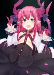 Rule 34 | 10s, 1girl, :d, absurdres, black skirt, blue eyes, blush, breasts, corset, detached sleeves, elizabeth bathory (fate), elizabeth bathory (fate/extra ccc), elizabeth bathory (first ascension) (fate), fang, fate/extra, fate/extra ccc, fate (series), frilled sleeves, frills, hair between eyes, head tilt, highres, holding, holding microphone, horns, hoshimiya aki, long hair, long sleeves, looking at viewer, microphone, open mouth, pink hair, pleated skirt, pointy ears, skirt, small breasts, smile, solo, tail, underboob, w