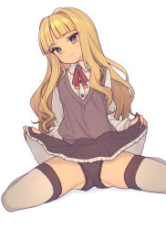 Rule 34 | 1girl, black panties, black skirt, blonde hair, blunt bangs, breasts, buttons, closed mouth, clothes lift, collared shirt, commentary, dot nose, dress shirt, everyntrge, flashing, gluteal fold, grey sweater vest, hair intakes, head tilt, lifted by self, light blush, light smile, long hair, long sleeves, looking at viewer, original, paid reward available, panties, purple eyes, red ribbon, ribbon, shirt, sidelocks, simple background, sitting, skirt, skirt lift, small breasts, solo, spread legs, sweater vest, thighhighs, underwear, wavy hair, white background, white shirt, white thighhighs