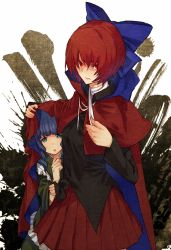 Rule 34 | 2girls, angry, bad id, bad twitter id, bandages, blue eyes, blue hair, cape, hair ornament, hair ribbon, japanese clothes, kimono, long sleeves, looking at viewer, multiple girls, open mouth, red eyes, red hair, ribbon, sekibanki, shirt, short hair, skirt, sweatdrop, touhou, urin, wakasagihime, wide sleeves