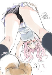 Rule 34 | 1girl, ?, absurdres, ass, bent over, black panties, blush, breasts, dated, dog, from below, geshumaro, grey socks, highres, kneepits, large breasts, long hair, looking through own legs, miniskirt, mole, mole under eye, open mouth, original, panties, pantyshot, pink hair, shirt, signature, skirt, socks, solo, spoken question mark, underwear, upside-down, white shirt, white skirt