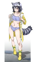 Rule 34 | 1girl, absurdres, animal ear fluff, animal ears, black hair, blue footwear, boots, breasts, brown eyes, clothing cutout, collarbone, commentary, common raccoon (kemono friends), extra ears, fang, fang out, full body, grey hair, hair between eyes, highres, kemono friends, looking at viewer, midriff, navel, open clothes, raccoon ears, raccoon girl, raccoon tail, short hair, simple background, small breasts, smile, solo, split mouth, standing, striped tail, tail, tail through clothes, tanabe (fueisei), toned, white background