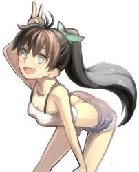 Rule 34 | 1girl, :d, antenna hair, bare shoulders, bent over, black hair, blue eyes, fang, ganaha hibiki, idolmaster, idolmaster (classic), long hair, open mouth, ponytail, short shorts, shorts, simple background, sketch, smile, solo, v, white background, yu 65026