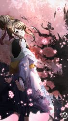 Rule 34 | 1girl, animal print, arms behind back, brown hair, butterfly print, cherry blossoms, hair bun, hair ornament, hair ribbon, hair stick, highres, japanese clothes, kimono, looking at viewer, original, own hands together, red ribbon, ribbon, sidelocks, single hair bun, smile, solo, standing, uri200illust, watermark