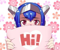 Rule 34 | 1girl, arm warmers, armor, artist name, blue hair, crosscode, hair between eyes, helmet, lea (crosscode), long hair, looking at viewer, pillow, pink eyes, ponytail, running, scar, scar on face, scar on nose, sidelocks, simple background, solo, thighhighs, white background