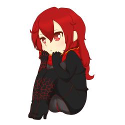 Rule 34 | 1girl, :t, absurdres, boots, chibi, clothes theft, curly hair, dark knight (elsword), elesis (elsword), elesis sieghart, elsword, highres, knees to chest, knees up, legs together, non-web source, red eyes, red hair, scarf, scarf over mouth, scarf pull, simple background, sitting, theft
