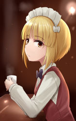 Rule 34 | 1girl, bar (place), black bow, black bowtie, blonde hair, blunt bangs, bob cut, bow, bowtie, brown background, brown vest, closed mouth, coffee mug, commentary, cup, cutlass (girls und panzer), dress shirt, elbows on table, expressionless, from side, girls und panzer, girls und panzer saishuushou, highres, kitayama miuki, long sleeves, looking at viewer, looking back, looking to the side, maid headdress, mug, shirt, short hair, solo, steam, upper body, vest, white shirt, wing collar, yellow eyes