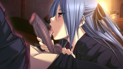 Rule 34 | 1boy, 1girl, bed, bedroom, blue hair, blush, bow, buttons, censored, clothes pull, erection, eyebrows, fellatio, fingernails, from side, game cg, hair bow, hair ornament, half-closed eyes, half updo, hetero, ichijo akira, indoors, lamp, licking, long fingernails, long hair, m&amp;m, mosaic censoring, non-web source, oral, out of frame, pants, pants pull, penis, penis grab, profile, pubic hair, purple eyes, purple pants, purple shirt, saliva, shirt, sitting, solo focus, testicles, tongue, tongue out, verethragna seisen no duelist, wardrobe, yakaze suzuna