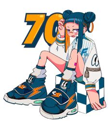 Rule 34 | 1girl, aqua shorts, bandaid, bandaid on cheek, bandaid on face, bandaid on leg, bandaid on nose, blue footwear, blue hair, blush, colored inner hair, commentary, dark blue hair, double bun, hair bun, hand up, highres, jacket, knees up, lightning bolt symbol, long sleeves, looking at viewer, multicolored hair, nao97122, open mouth, orange hair, original, print jacket, purple eyes, ringed eyes, shoes, shorts, sidelocks, simple background, sitting, sneakers, socks, solo, striped clothes, striped jacket, two-tone hair, vertical-striped clothes, vertical-striped jacket, white background, white jacket, white socks, zipper, zipper pull tab