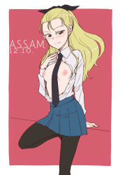 Rule 34 | 1girl, arm support, assam (girls und panzer), black necktie, black pantyhose, black ribbon, blonde hair, blue eyes, blue skirt, blush, breasts, character name, closed mouth, commentary, dated, dress shirt, girls und panzer, hair pulled back, hair ribbon, half-closed eyes, hand on own chest, leg up, long hair, long sleeves, looking at viewer, medium breasts, miniskirt, necktie, nipples, outside border, pantyhose, partially unbuttoned, pleated skirt, red background, ribbon, school uniform, shirt, skirt, smile, solo, st. gloriana&#039;s school uniform, standing, standing on one leg, torinone, white shirt, wing collar