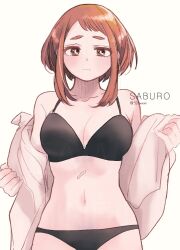 1girl black_bra black_panties boku_no_hero_academia bra breasts brown_eyes brown_hair cleavage large_breasts light_blush looking_at_viewer panties saburou_(326xxx1) scar shirt solo underwear uraraka_ochako white_background white_shirt