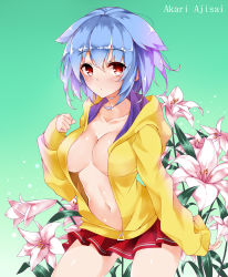 Rule 34 | 1girl, :o, akari ajisai, artist name, blue hair, blush, breasts, cleavage, collarbone, cowboy shot, eyebrows, flower, green background, highres, hood, hooded jacket, jacket, large breasts, long sleeves, midriff, navel, open clothes, open jacket, original, parted lips, plant, pleated skirt, red eyes, red skirt, shiny skin, short hair, simple background, skirt, solo, standing, stomach, tareme, thighs, unzipped, yellow jacket, zipper