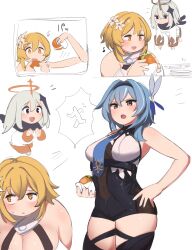 Rule 34 | 3girls, absurdres, annoyed, black eyes, black thighhighs, blonde hair, blue hair, blue necktie, blush, breasts, burger, cleavage, close-up, closed mouth, commentary request, cowboy shot, eating, eula (genshin impact), fat, food, genshin impact, grey hair, hair between eyes, hand on own wrist, high-waist shorts, highres, holding, holding burger, holding food, lumine (genshin impact), medium breasts, medium hair, multiple girls, musical note, necktie, nimo (b45ui), no nose, open mouth, orange eyes, paimon (genshin impact), plate, purple eyes, running, short hair, shorts, simple background, skindentation, sleeveless, thick arms, thick thighs, thighhighs, thighs, v-shaped eyebrows