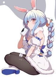 1girl absurdres animal_ear_fluff animal_ears bare_back bare_shoulders black_gloves black_pantyhose blue_bow blue_hair blue_ribbon blue_trim blush boots bow braid breasts brown_eyes carrot carrot_hair_ornament carrot_in_pocket closed_mouth commentary detached_sleeves don-chan_(usada_pekora) dress dress_shirt drinking drinking_straw drinking_straw_in_mouth food-themed_hair_ornament from_side full_body fur-trimmed_dress fur_scarf fur_trim gloves grey_background hair_ornament hand_on_lap hand_up highres hikimayu holding_juice_box hololive indian_style juice_box long_hair looking_at_viewer looking_to_the_side milk multicolored_hair nanado_shion on_ground pantyhose pocket rabbit-shaped_pupils rabbit_ears rabbit_girl rabbit_tail ribbon ribbon_trim scarf shirt short_eyebrows sidelocks sitting small_breasts solo symbol-shaped_pupils tail thick_eyebrows thigh_strap twin_braids two-tone_hair usada_pekora usada_pekora_(1st_costume) very_long_hair virtual_youtuber white_background white_dress white_footwear white_hair white_scarf white_sleeves