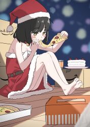 Rule 34 | 1girl, absurdres, bare shoulders, barefoot, black hair, blush stickers, box, breasts, brown eyes, cake, cardboard box, christmas, dress, drink, eating, food, full body, fur-trimmed dress, fur-trimmed headwear, fur trim, hat, highres, holding, holding food, holding pizza, original, pizza, pizza slice, red dress, red hat, santa costume, santa dress, santa hat, short hair, sitting, sketch, small breasts, solo, strapless, strapless dress, what a, what a-chan